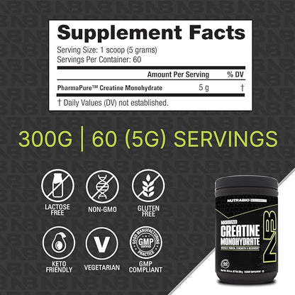 NutraBio Pure Micronized Creatine Monohydrate Powder Supplement, Unflavored, (300 g) - Supports