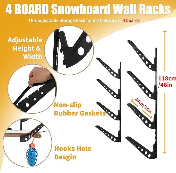 4 Board Snowboard Wall Racks, Adjustable Storage Rack for Ski, Surfboard, Wakeboard, Snowboard Wall