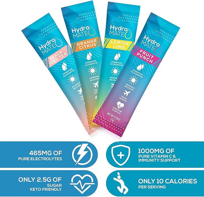 HydroMATE Electrolyte Powder Variety Pack Hydration Packets Low Sugar 30 Count