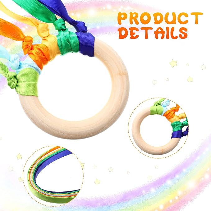 Junkin Ribbon Rings Hand Kite Waldorf Toys Dancing Wrist Ribbons Rainbow Streamers with Wood Ring