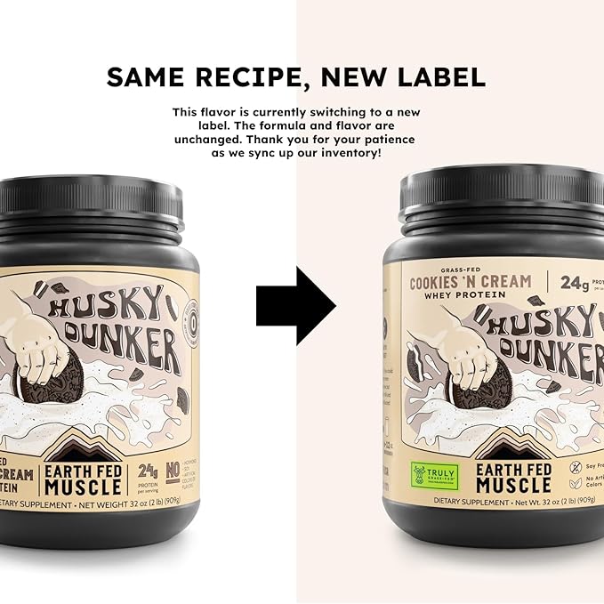 Earth Fed Muscle Husky Dunker Cookies N' Cream Truly Grass Fed Whey Protein Powder - No Artificial