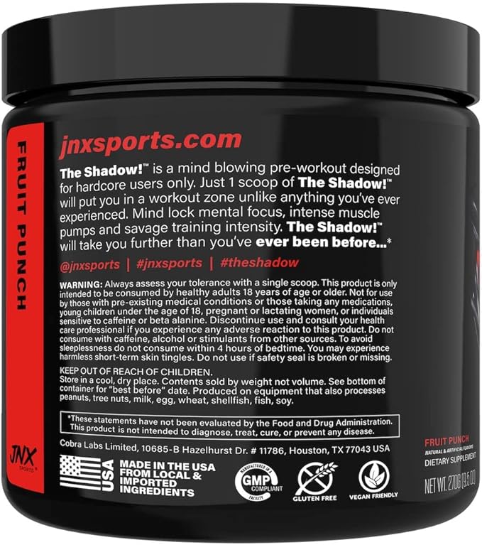 JNX SPORTS The Shadow! 350mg of Caffeine Hard Core Preworkout - Fruit Punch 30 Servings | Electric