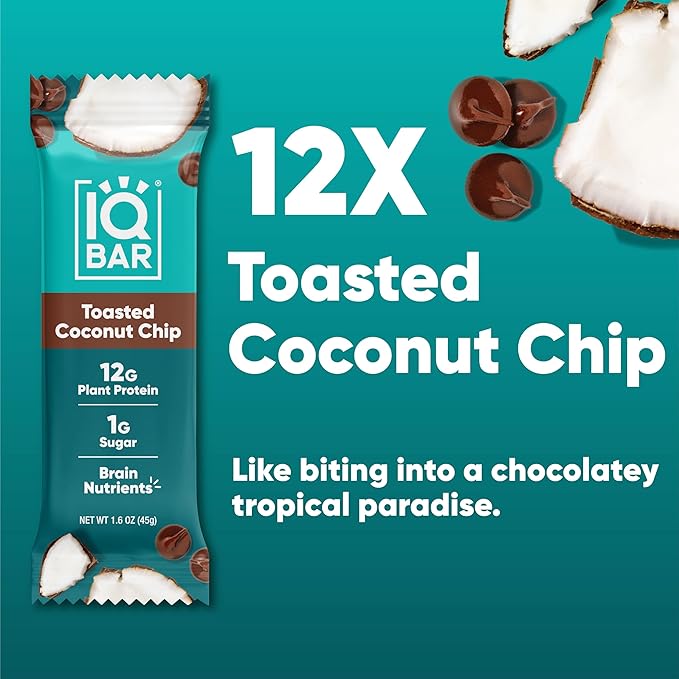 IQBAR Brain and Body Plant Protein Bars - Toasted Coconut Chip - 12-Count Low Carb - Gluten Free