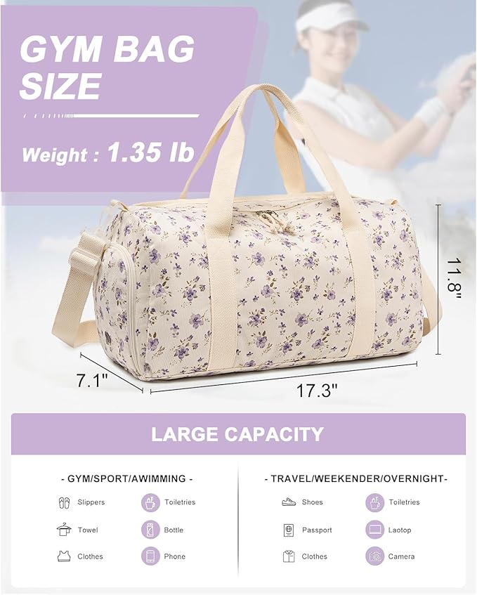 Duffle Bag for Gym Sports Women Girls Workout Travel Bag Weekender with Shoe Compartment and Wet