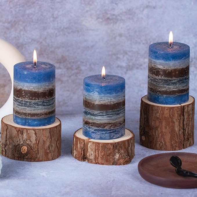 KONNI Blue-Coffee Layered Pillar Candles Set of 3, 3"x 4" Unscented Pillar Candles Bulk, 39 Hours
