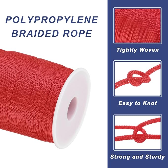 MECCANIXITY 1/12 Inch Polypropylene Rope Braided Ropes, 328ft Nylon Rope Hollow Utility Cord for