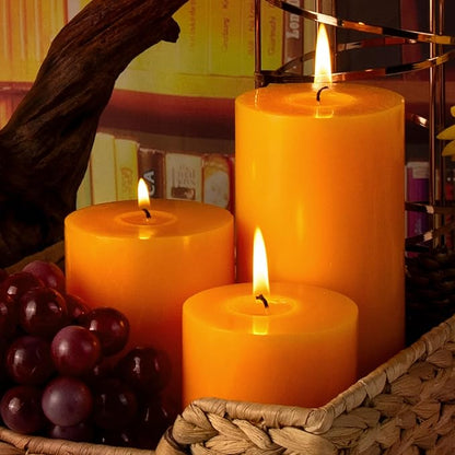 KONNI Orange Pillar Candles Set of 3, 3"x 6" Unscented Pillar Candles Bulk, 56 Hours Long Burning