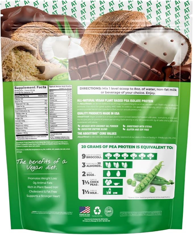 About Time Vegan Protein Powder 20g Chocolate, Natural Ingredients, Non-GMO, Plant Based, Gluten