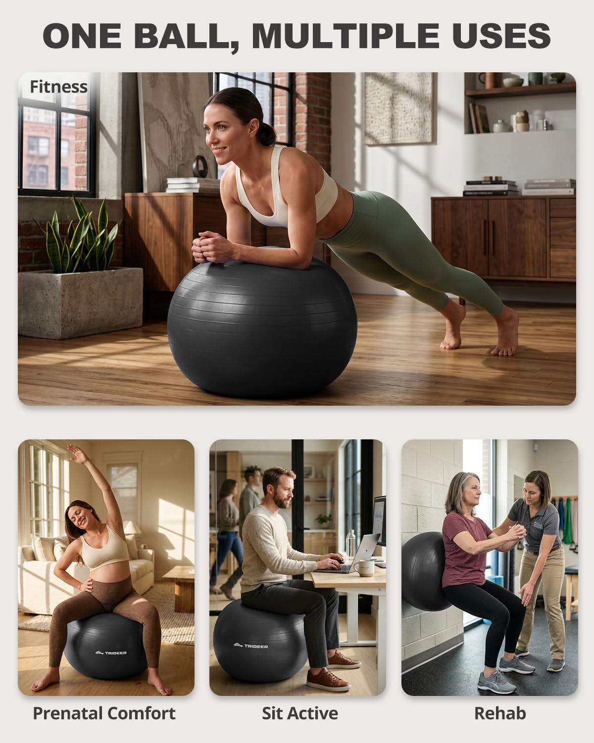 Trideer Extra Thick Yoga Ball Exercise Ball, 5 Sizes Ball Chair, Heavy Duty Swiss Ball for Balance