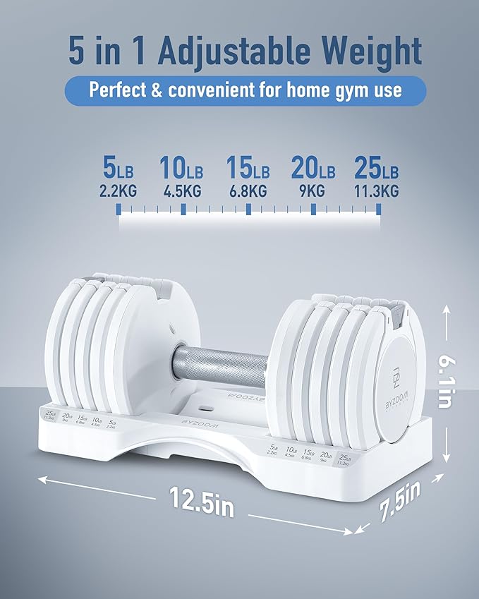 Adjustable Dumbbell – 12.5/25lb Single Unit OR Set of 2 – 5-in-1 Adjustable Weight for Home Gym
