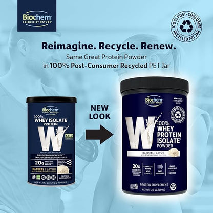 Biochem 100% Whey Isolate Protein - Natural Flavor - 12.3 Ounce, Preworkout & Immune Health - 20g