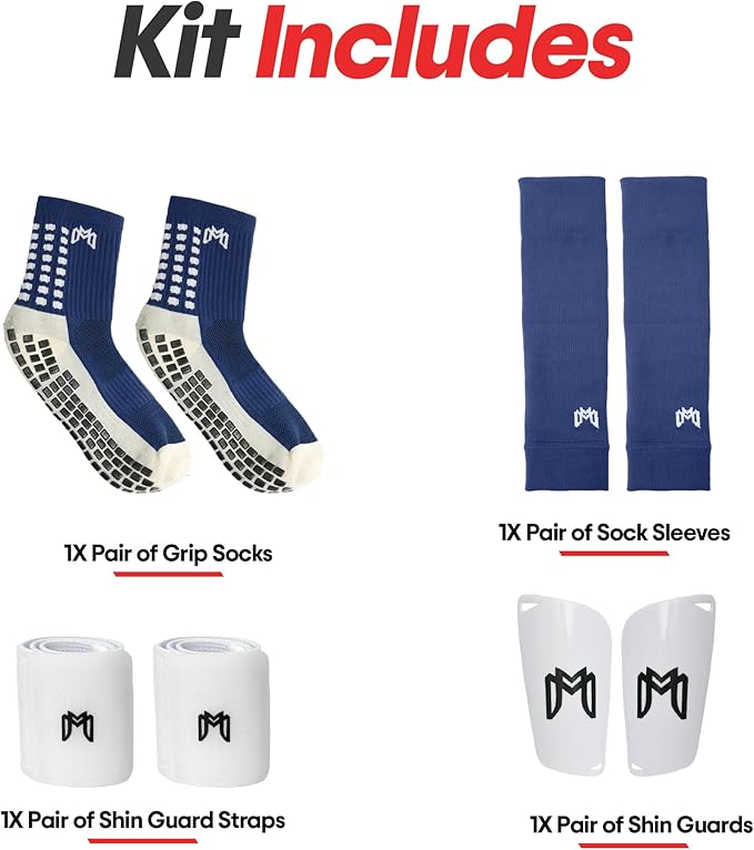 Soccer Grip Socks, Shin Guards, Pre Cut Sock Sleeves, and Guard Straps Bundle Pack - Essential