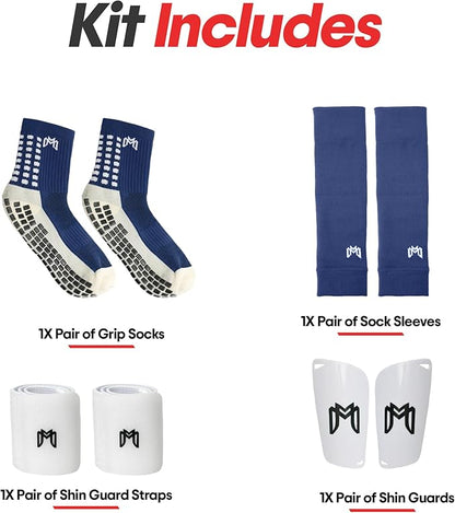 Soccer Grip Socks, Shin Guards, Pre Cut Sock Sleeves, and Guard Straps Bundle Pack - Essential