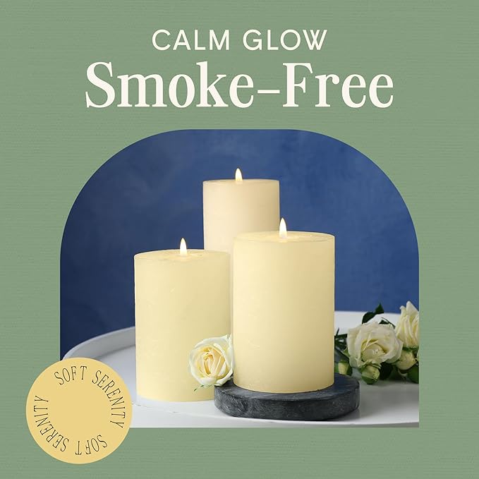 Mister Candle Dripless Unscented Ivory Pillar Candles Hand Poured, Solid Color Non-Scented Candles