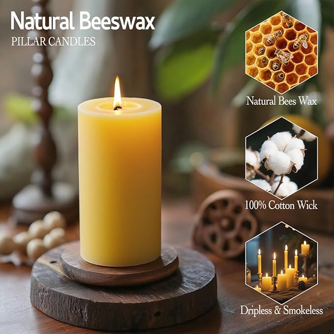 Natural Beeswax Candles Set of 6, Handmade Beeswax Pillar Candles Set, 6 Sizes, 100% Pure Unscented