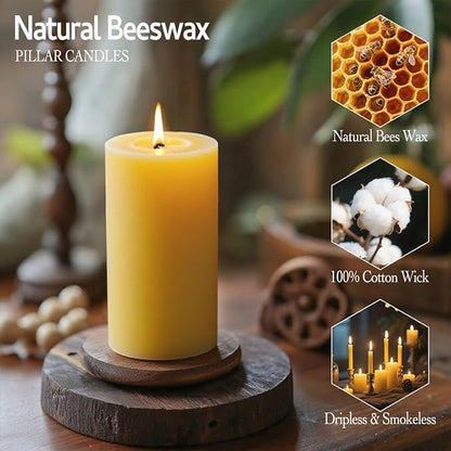 Natural Beeswax Candles Set of 6, Handmade Beeswax Pillar Candles Set, 6 Sizes, 100% Pure Unscented