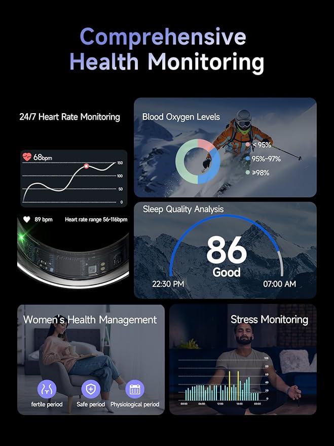 Smart Ring for Women Men, Health Ring with Colorful Display, Fitness Tracker with Heart Rate, Blood