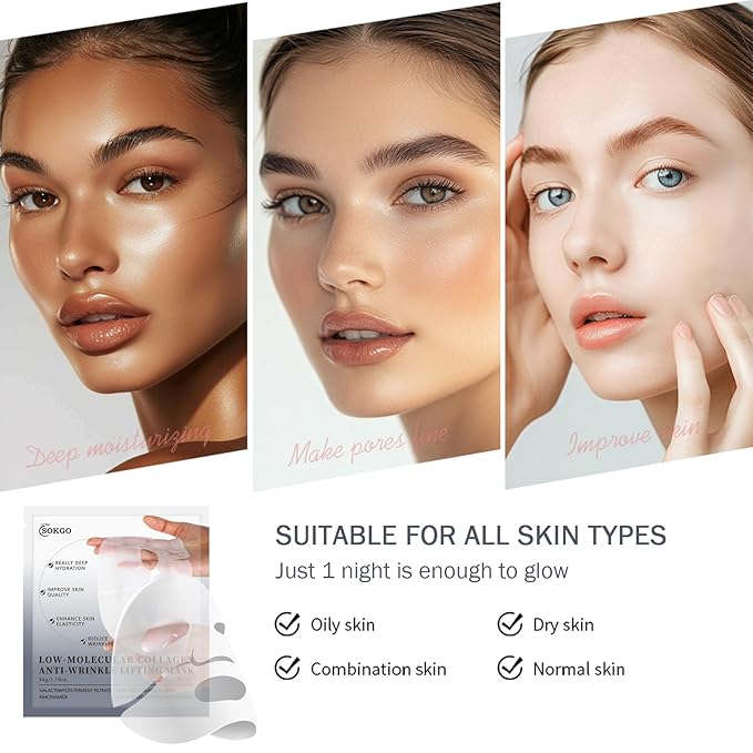 Low Molecular Weight Collagen Overnight Hydrogel Mask, Enhances Skin Elasticity, Reduces Pores