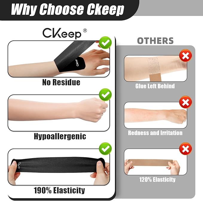 CKeep 4 Rolls Kinesiology Tape, Original Cotton Elastic Athletic Tape, 20 Precut 10" Strips Each