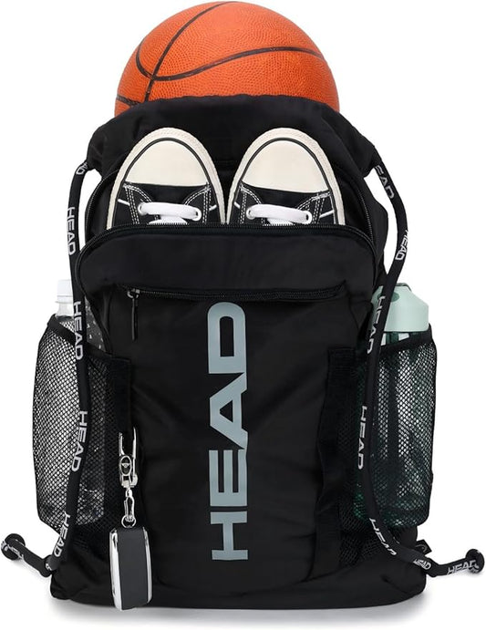 HEAD Waterproof Gym Sackpack for Sport with 2 Zipper Pockets, Large Drawstring Backpacks for Men