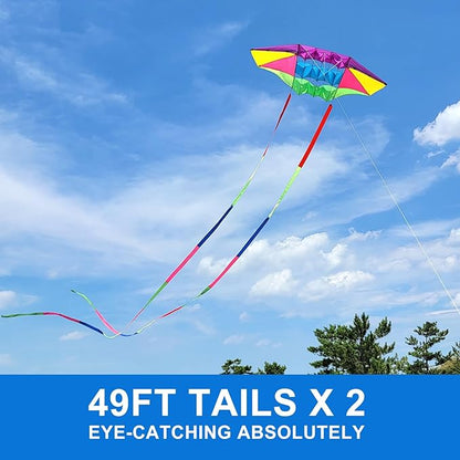 Beach Kites for Adults Large with Long Tail, 98 inches Super Easy Flyer 3D Rainbow Box Kites, Comes