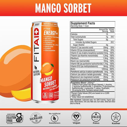 FITAID ENERGY, 200mg Natural Caffeine, Keto, Mango Sorbet, Optimum Performance Formula: BCAAs