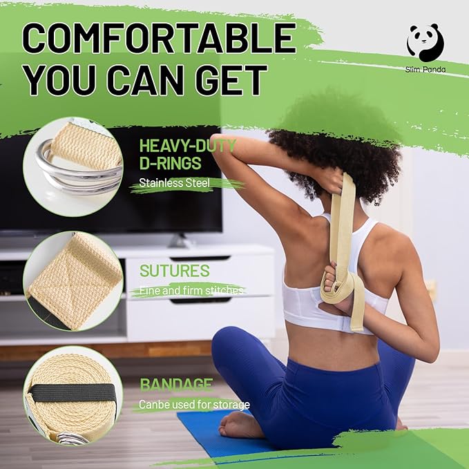 Slim Panda Yoga Strap for Stretching,Cotton Yoga Strap with Adjustable D-Ring Buckle,Non-Elastic