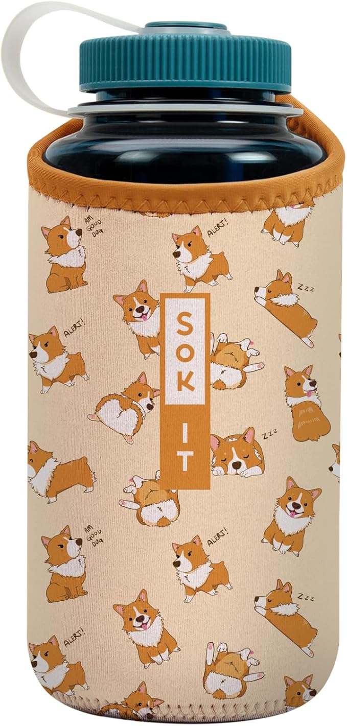 Sok It BotlSok Water Bottle Sleeve Insulated Neoprene Cover (Too Corgi to Function, Fits 32oz