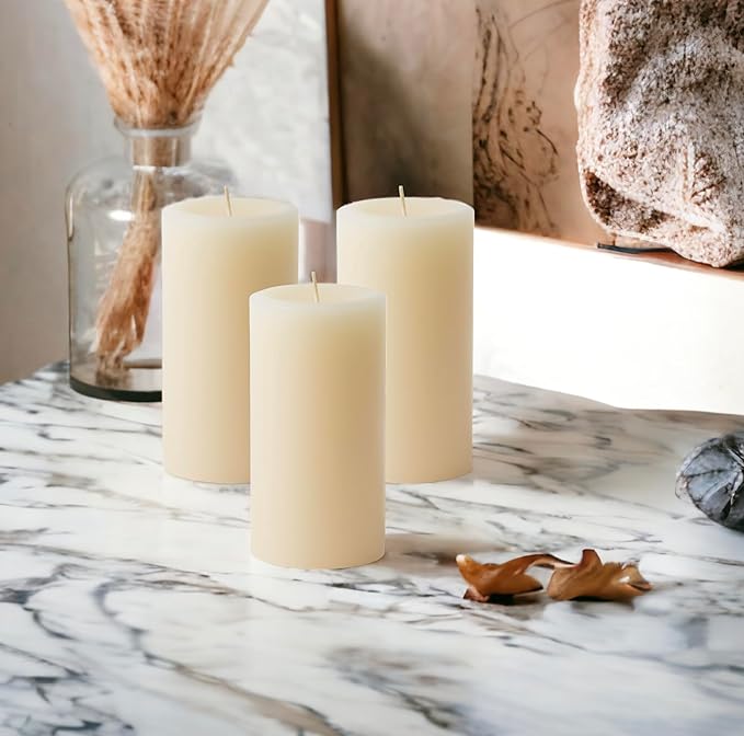Mister Candle Dripless Vanilla Scented Ivory Pillar Candles Set of 3, Hand Made Vanilla Pillar
