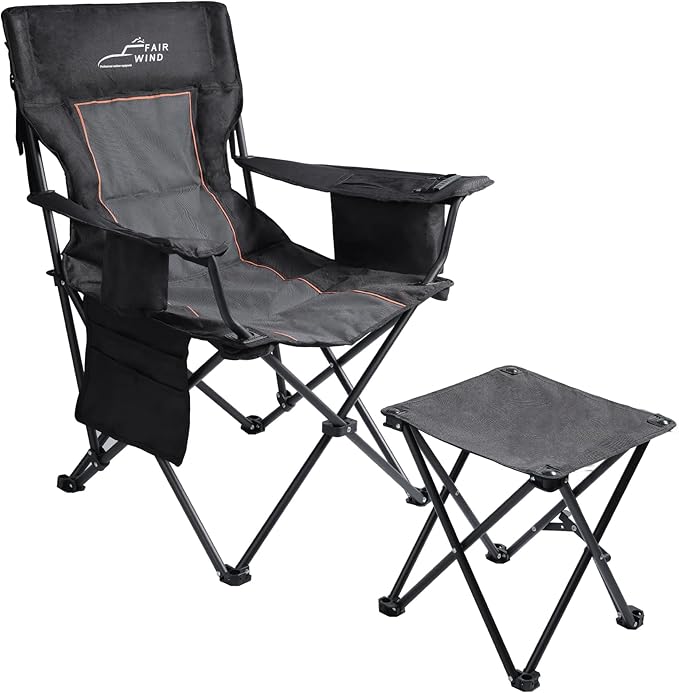 FAIR WIND Oversized Padded Camping Chair with Footrest Stool Set Heavy Duty Support 300 LBS Cooler