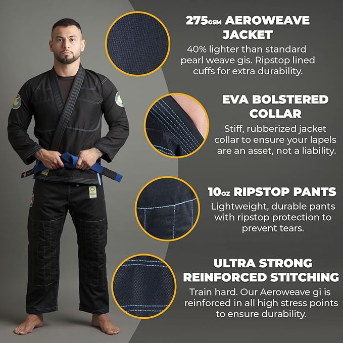 Gold BJJ Aeroweave Jiu Jitsu Gi - Ultra Lightweight BJJ Gi - Preshrunk Brazilian Jiu Jitsu Uniform