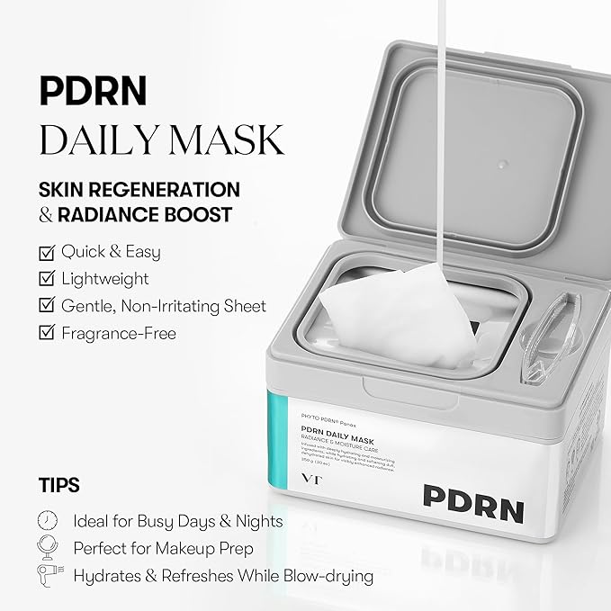 VT COSMETICS PDRN Daily Mask 30 Sheets, Vegan PDRN for Skin Restoration & Radiance, Hydrating &