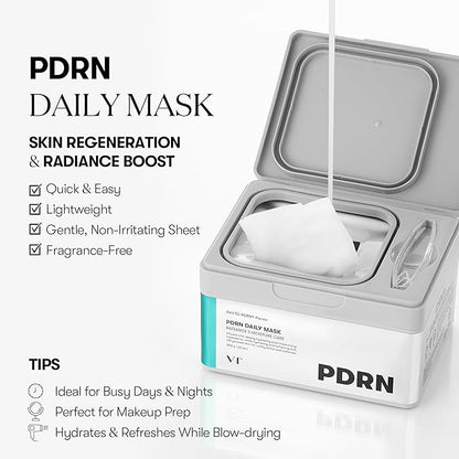 VT COSMETICS PDRN Daily Mask 30 Sheets, Vegan PDRN for Skin Restoration & Radiance, Hydrating &
