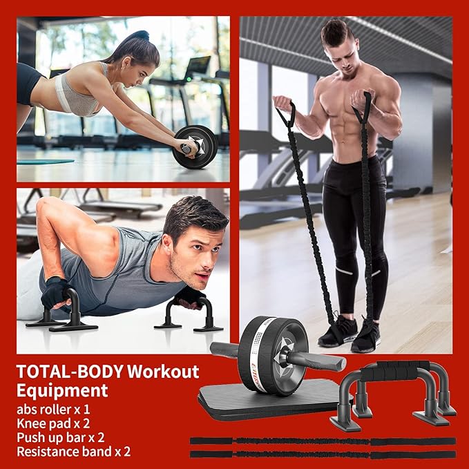 Ab Rollers Wheel Kit, Exercise Wheel Core Strength Training Abdominal Roller Set with Push Up Bars