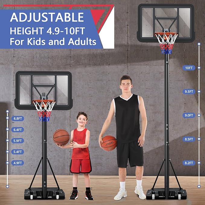 Portable Basketball Hoop Outdoor, Adjustable Height 5.5-10FT Basketball Goal with Heavy-Duty Steel