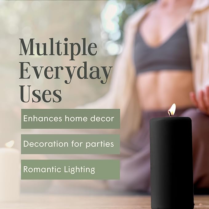Mister Candle Dripless Unscented Pillar Candles, Set of 3 Hand Poured Black Pillar Candles, Solid