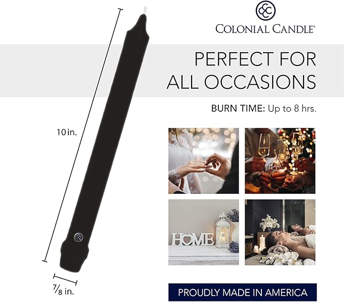 Colonial Candle Unscented Taper Candle, Classic Collection, Black, 10 in, Pack of 12 - Up to 8