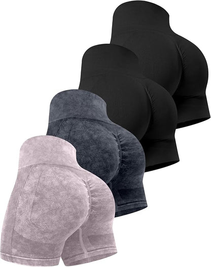 CHRLEISURE Women's 4 Packs Workout Gym Shorts, High Waisted Butt Lifting Scrunch Butt Seamless