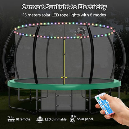 12 14 15 16FT Trampoline Outdoor with Basketball Hoop, Trampoline with Lights for Kids and Adults