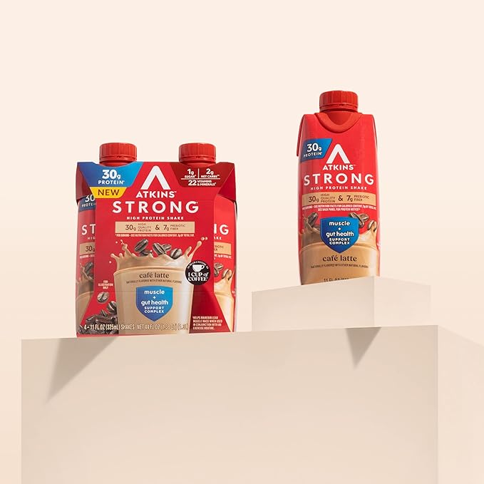Atkins Strong High Protein Shake, Café Latte, 30g Protein, 7g Prebiotic Fiber, Muscle & Gut Health