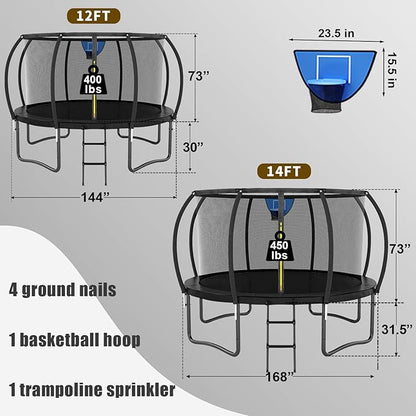 Trampoline 12FT 14FT 15FT 16FT for Kids/Adults - Outdoor Recreational with Enclosure Net Curved