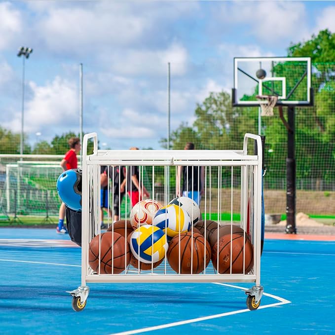 MyGift Large Capacity Metal Rolling Multi Sports Ball Cage Storage Hopper, Gym Equipment Basket