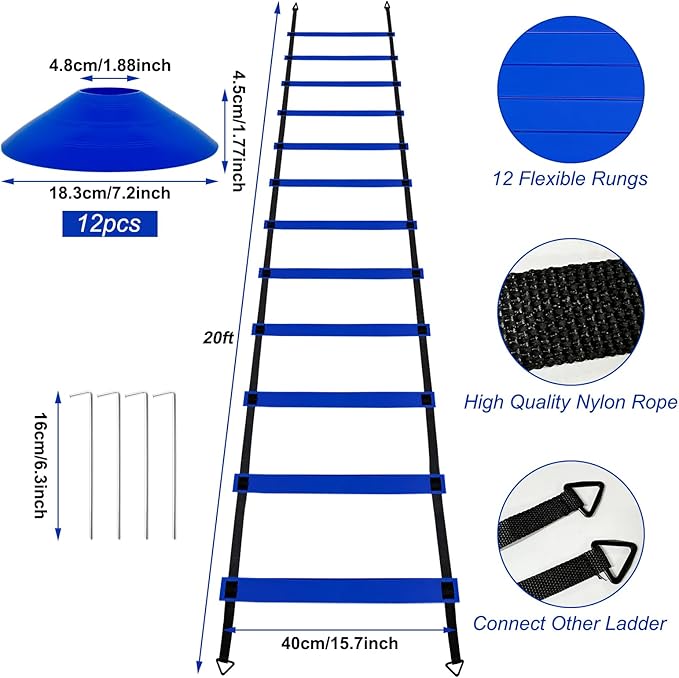 Professional Agility Ladder Speed Training Equipment Set-20ft Agility Ladder,12 Soccer Cones, 4