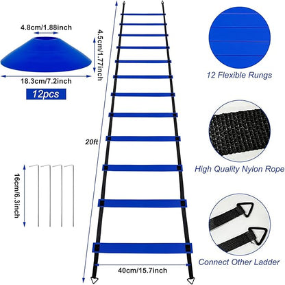 Professional Agility Ladder Speed Training Equipment Set-20ft Agility Ladder,12 Soccer Cones, 4