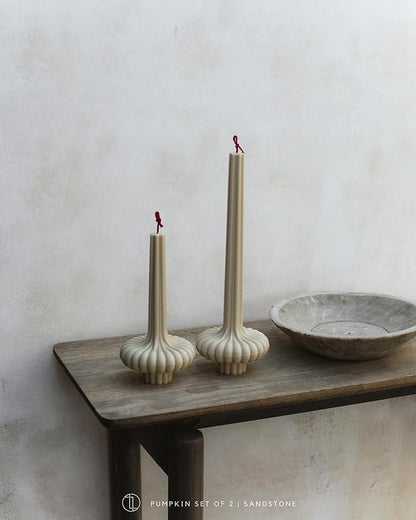 LAWA Set of 2 Pumpkin Base Candle - Beautiful Handmade Pillar Unscented Soy Wax Elegant Aesthetic