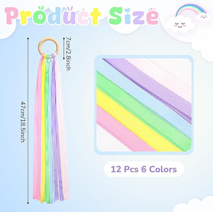 Deekin 12 Pcs Rainbow Ribbon Wooden Waldorf Toys Creative Waldorf Hand Kite Set Streamers with Wood