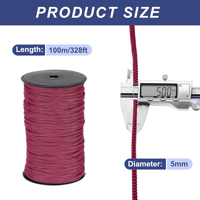 MECCANIXITY 3/16 Inch Polypropylene Rope Braided Ropes, 328ft Nylon Rope Hollow Utility Cord for
