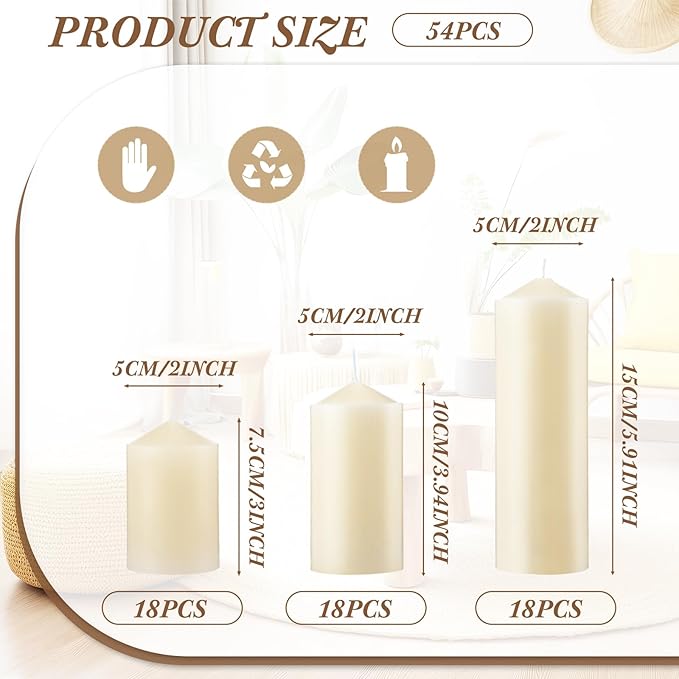 MTLEE Set of 54 Ivory Dripless Pillar Candles Unscented Candles Bulk Smokeless Fireplace Assorted