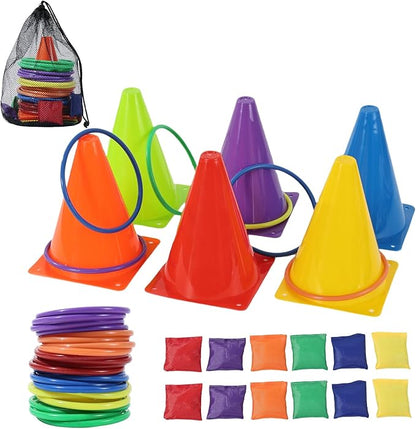 42 pcs 3-in-1 Carnival Games Set Plastic Colorful Cones Ring Toss Combo Set Outdoor Carnival Games