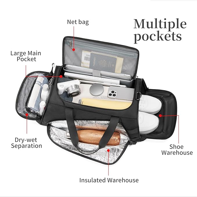 Duffle Bag for Travel, Carry on Gym Bag for Men, Waterproof Sport Bags with Shoe Compartment, 40L